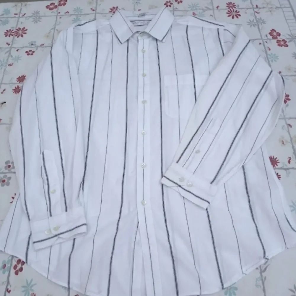 Henry GrethelFitted 16 1/2 32/33 White Striped Lngslvs Pocket ButtonUp Men's Dre